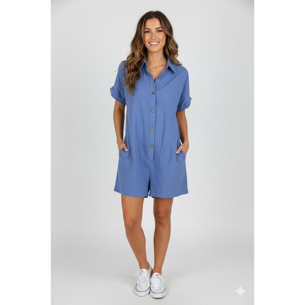 Better Be Womens Blue Button Up Short Sleeve Cotton Romper Collared Large NWT
